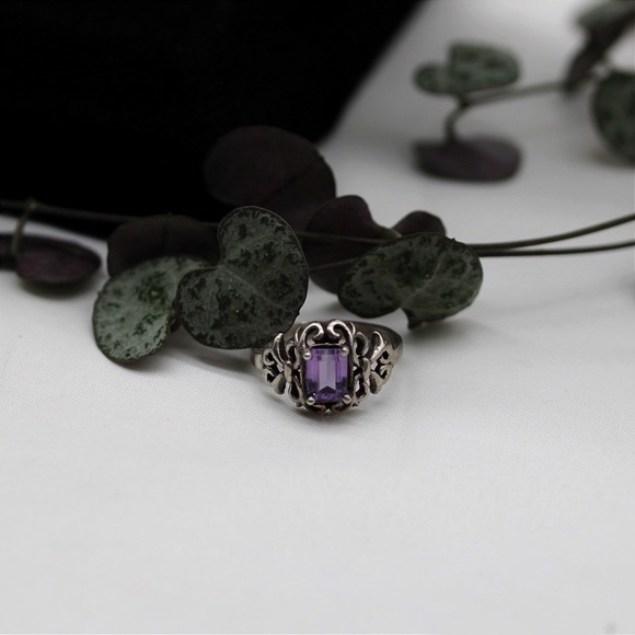 Sterling Jewelry - Vintage Sterling Silver Amethyst Filigree Ring Emerald Cut Gothic Scroll Sz 6.5